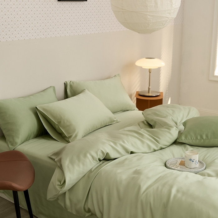 91家纺网 家纺一手货源 找家纺 2025新款A类奥地利进口60支兰精天丝莱赛尔轻奢纯色双拼四件套 嫩叶绿