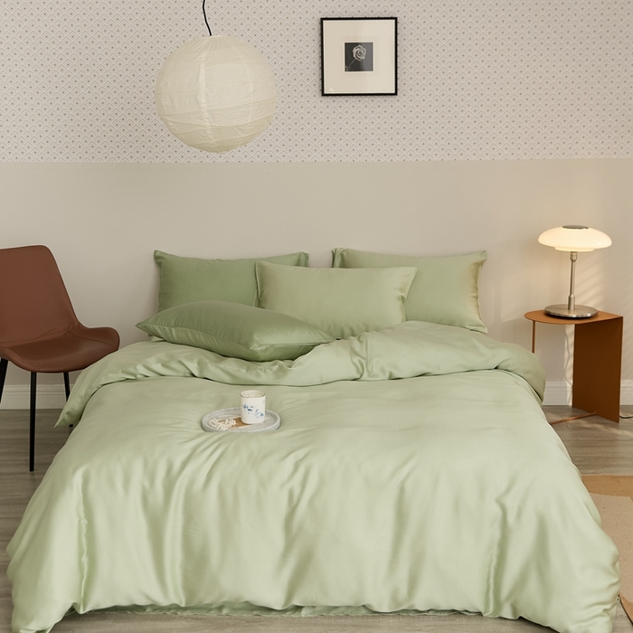 91家纺网 家纺一手货源 找家纺 2025新款A类奥地利进口60支兰精天丝莱赛尔轻奢纯色双拼四件套 嫩叶绿