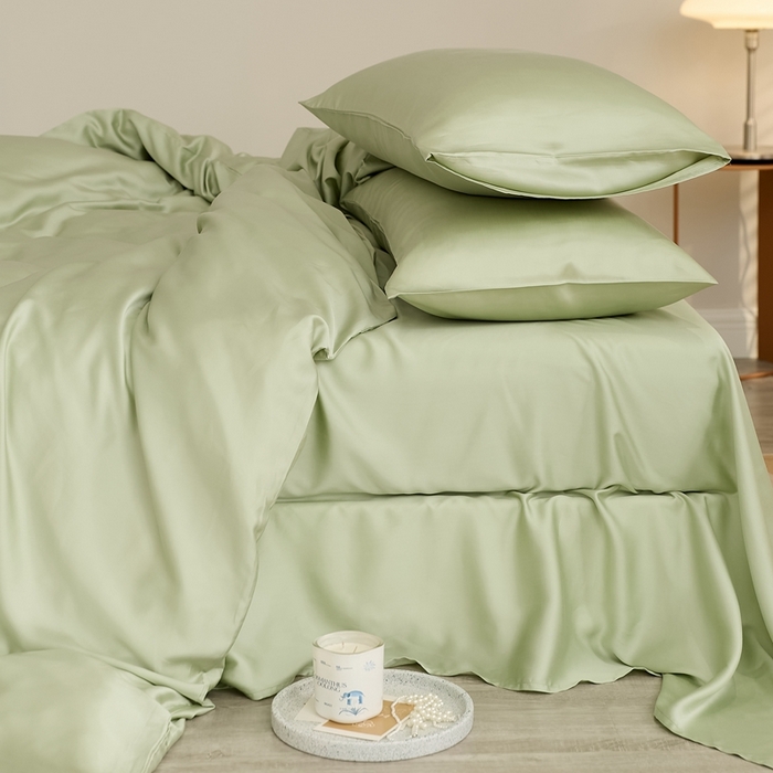 91家纺网 家纺一手货源 找家纺 2025新款A类奥地利进口60支兰精天丝莱赛尔轻奢纯色双拼四件套 嫩叶绿