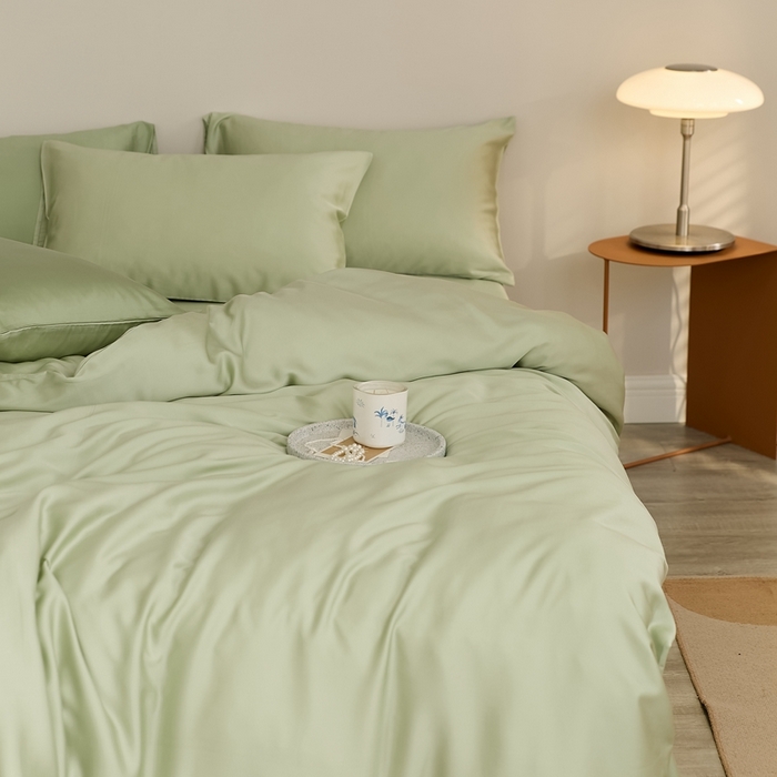 91家纺网 家纺一手货源 找家纺 2025新款A类奥地利进口60支兰精天丝莱赛尔轻奢纯色双拼四件套 嫩叶绿