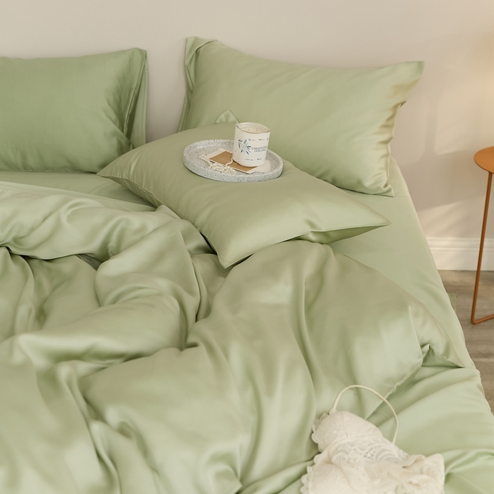 91家纺网 家纺一手货源 找家纺 2025新款A类奥地利进口60支兰精天丝莱赛尔轻奢纯色双拼四件套 嫩叶绿