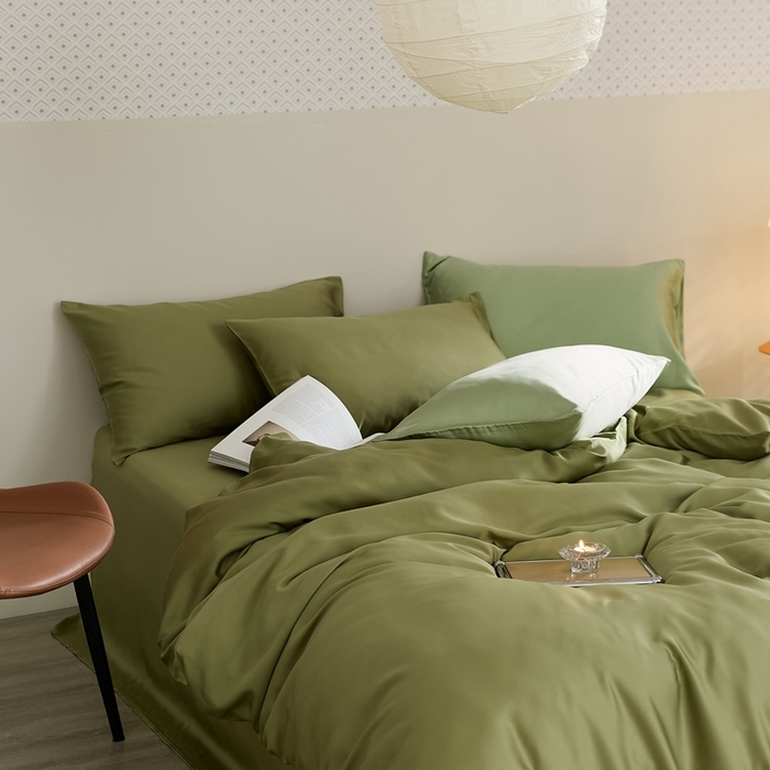 91家纺网 家纺一手货源 找家纺 2025新款A类奥地利进口60支兰精天丝莱赛尔轻奢纯色双拼四件套 欧芹绿