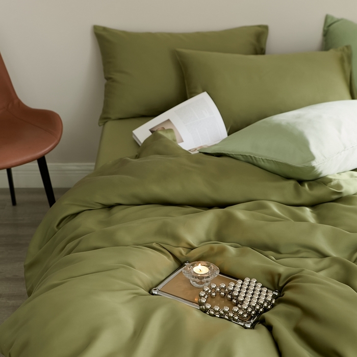 91家纺网 家纺一手货源 找家纺 2025新款A类奥地利进口60支兰精天丝莱赛尔轻奢纯色双拼四件套 欧芹绿