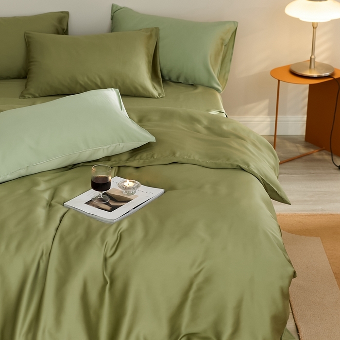 91家纺网 家纺一手货源 找家纺 2025新款A类奥地利进口60支兰精天丝莱赛尔轻奢纯色双拼四件套 欧芹绿