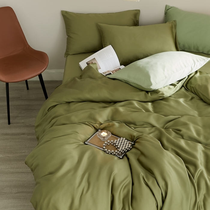 91家纺网 家纺一手货源 找家纺 2025新款A类奥地利进口60支兰精天丝莱赛尔轻奢纯色双拼四件套 欧芹绿