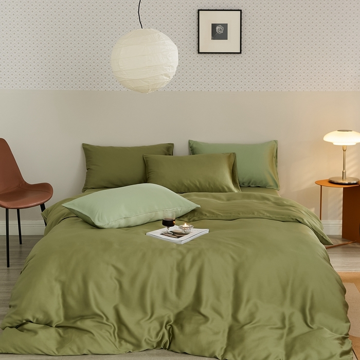 91家纺网 家纺一手货源 找家纺 2025新款A类奥地利进口60支兰精天丝莱赛尔轻奢纯色双拼四件套 欧芹绿