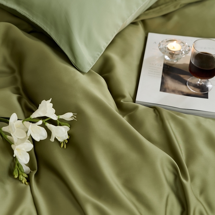 91家纺网 家纺一手货源 找家纺 2025新款A类奥地利进口60支兰精天丝莱赛尔轻奢纯色双拼四件套 欧芹绿