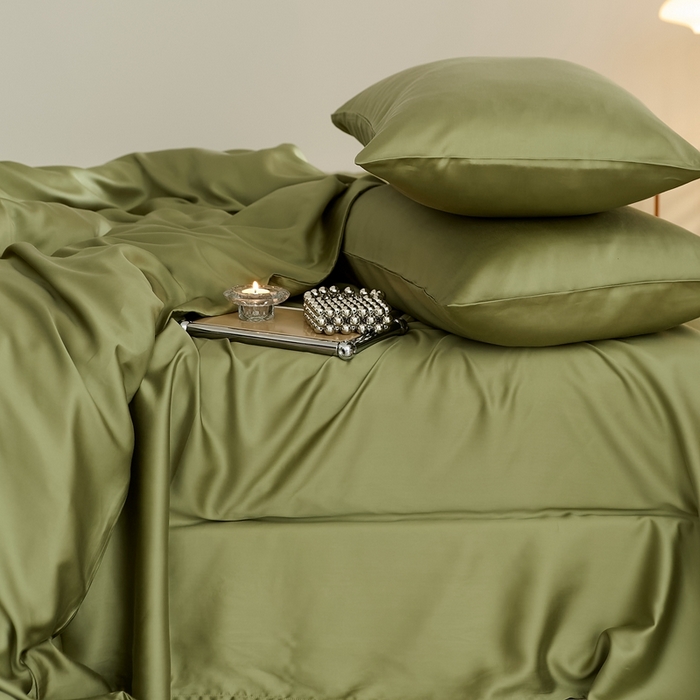 91家纺网 家纺一手货源 找家纺 2025新款A类奥地利进口60支兰精天丝莱赛尔轻奢纯色双拼四件套 欧芹绿