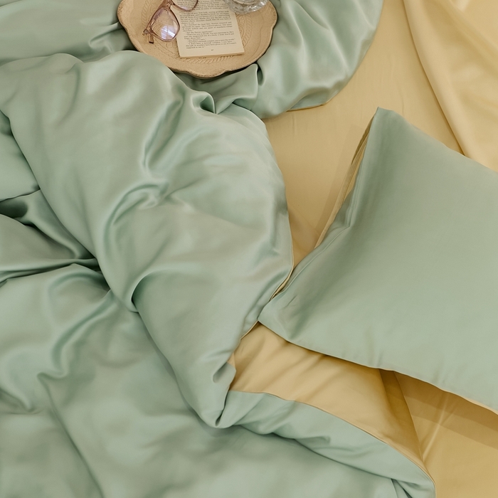 91家纺网 家纺一手货源 找家纺 2025新款A类奥地利进口60支兰精天丝莱赛尔轻奢纯色双拼四件套 浅艾绿-香槟金