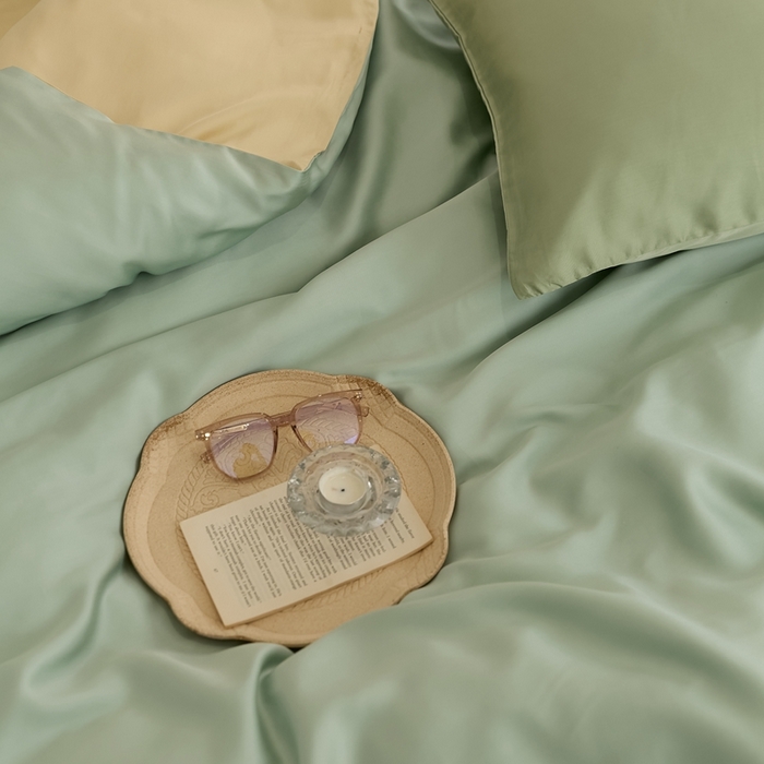 91家纺网 家纺一手货源 找家纺 2025新款A类奥地利进口60支兰精天丝莱赛尔轻奢纯色双拼四件套 浅艾绿-香槟金