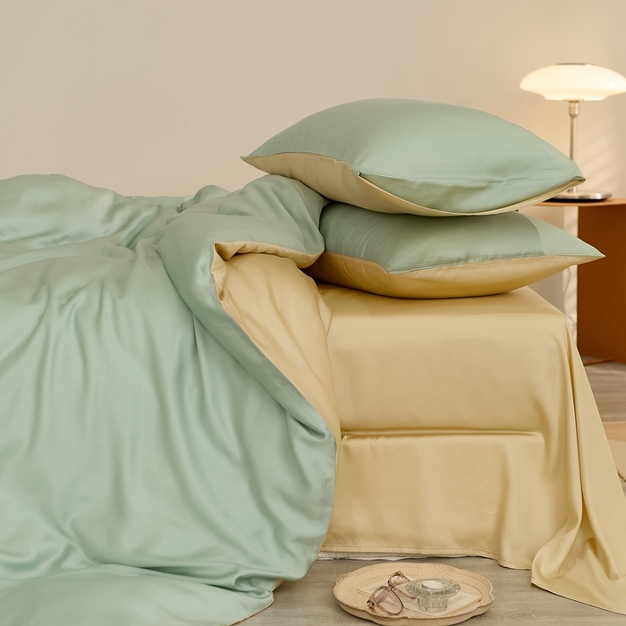 91家纺网 家纺一手货源 找家纺 2025新款A类奥地利进口60支兰精天丝莱赛尔轻奢纯色双拼四件套 浅艾绿-香槟金