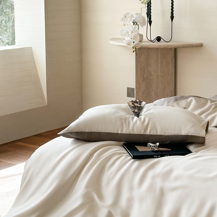 91家纺网 家纺一手货源 找家纺 2025新款A类奥地利进口60支兰精天丝莱赛尔轻奢纯色双拼四件套 乳蛋白-冷岩灰