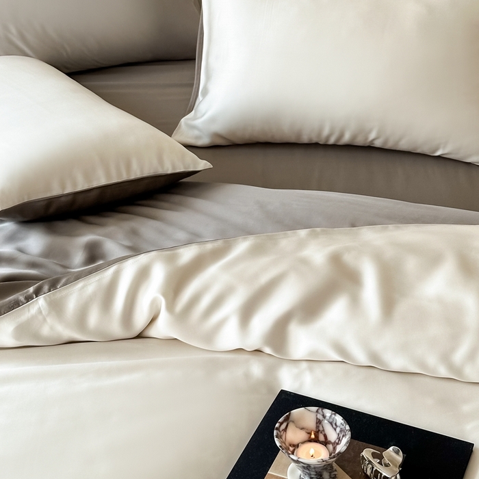 91家纺网 家纺一手货源 找家纺 2025新款A类奥地利进口60支兰精天丝莱赛尔轻奢纯色双拼四件套 乳蛋白-冷岩灰