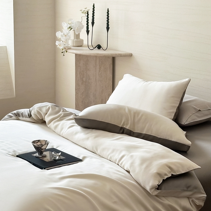 91家纺网 家纺一手货源 找家纺 2025新款A类奥地利进口60支兰精天丝莱赛尔轻奢纯色双拼四件套 乳蛋白-冷岩灰