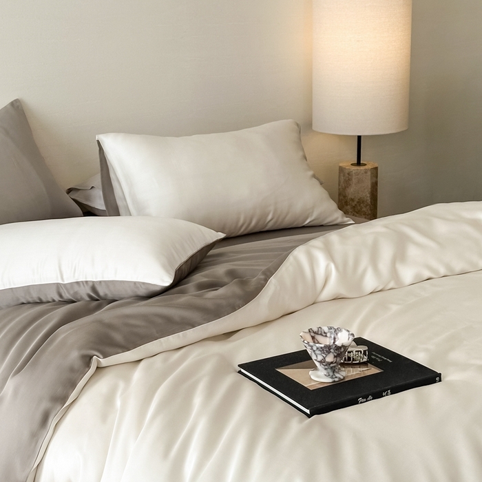 91家纺网 家纺一手货源 找家纺 2025新款A类奥地利进口60支兰精天丝莱赛尔轻奢纯色双拼四件套 乳蛋白-冷岩灰