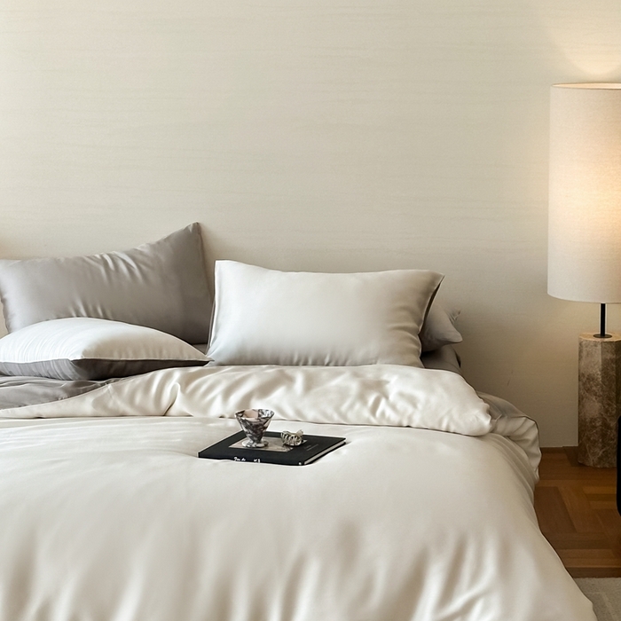 91家纺网 家纺一手货源 找家纺 2025新款A类奥地利进口60支兰精天丝莱赛尔轻奢纯色双拼四件套 乳蛋白-冷岩灰