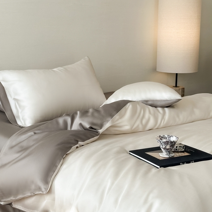 91家纺网 家纺一手货源 找家纺 2025新款A类奥地利进口60支兰精天丝莱赛尔轻奢纯色双拼四件套 乳蛋白-冷岩灰