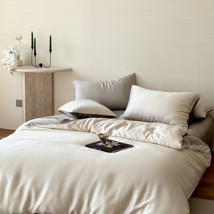 91家纺网 家纺一手货源 找家纺 2025新款A类奥地利进口60支兰精天丝莱赛尔轻奢纯色双拼四件套 乳蛋白-冷岩灰