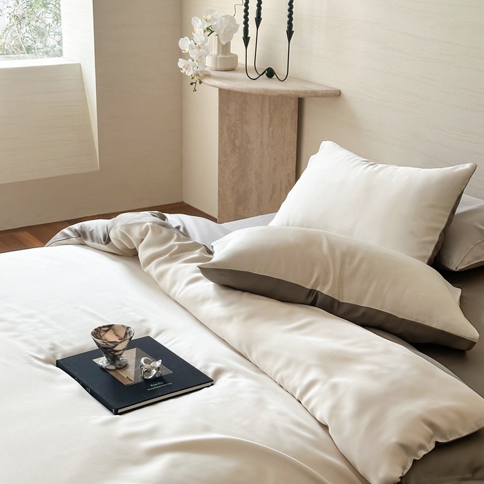 91家纺网 家纺一手货源 找家纺 2025新款A类奥地利进口60支兰精天丝莱赛尔轻奢纯色双拼四件套 乳蛋白-冷岩灰