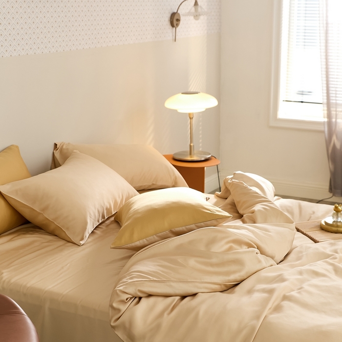 91家纺网 家纺一手货源 找家纺 2025新款A类奥地利进口60支兰精天丝莱赛尔轻奢纯色双拼四件套 沙茶色