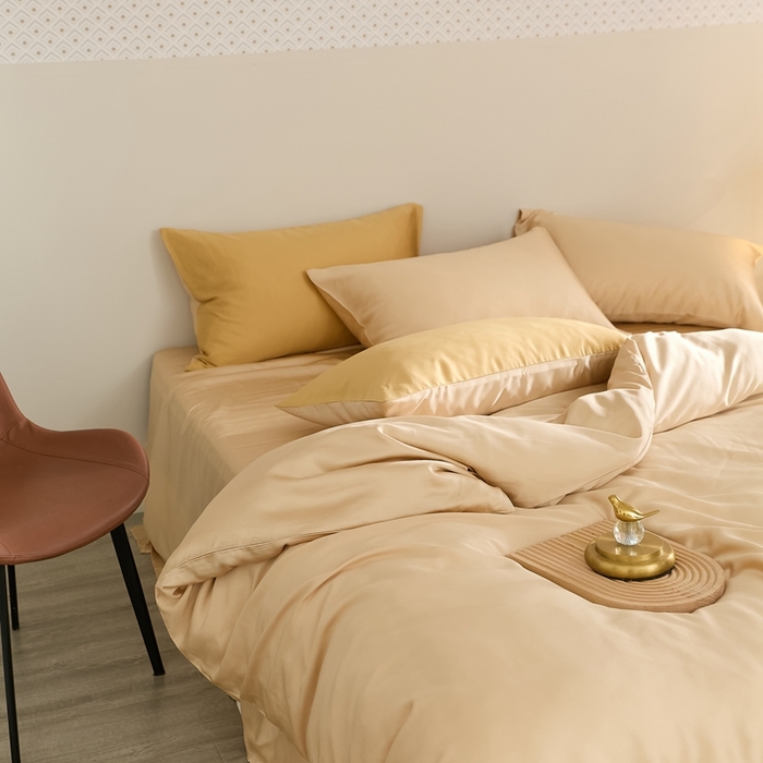 91家纺网 家纺一手货源 找家纺 2025新款A类奥地利进口60支兰精天丝莱赛尔轻奢纯色双拼四件套 沙茶色