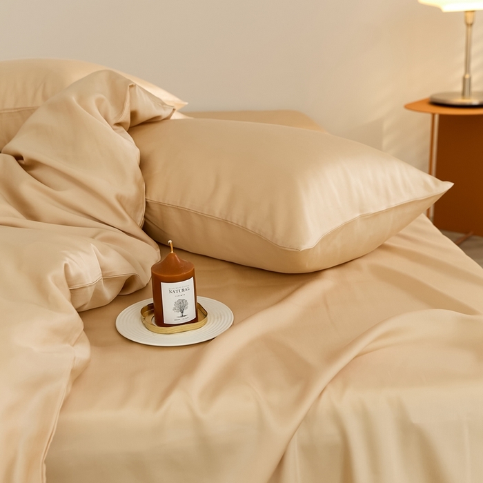 91家纺网 家纺一手货源 找家纺 2025新款A类奥地利进口60支兰精天丝莱赛尔轻奢纯色双拼四件套 沙茶色