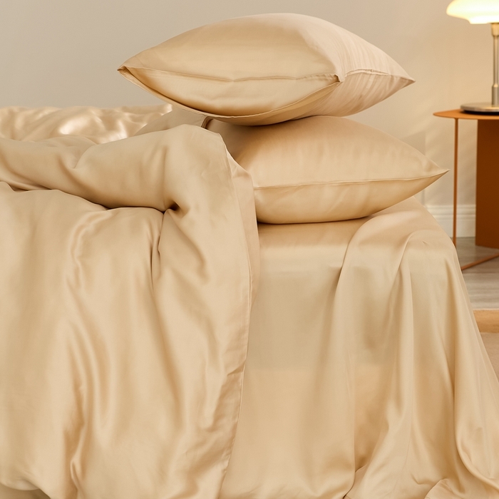 91家纺网 家纺一手货源 找家纺 2025新款A类奥地利进口60支兰精天丝莱赛尔轻奢纯色双拼四件套 沙茶色