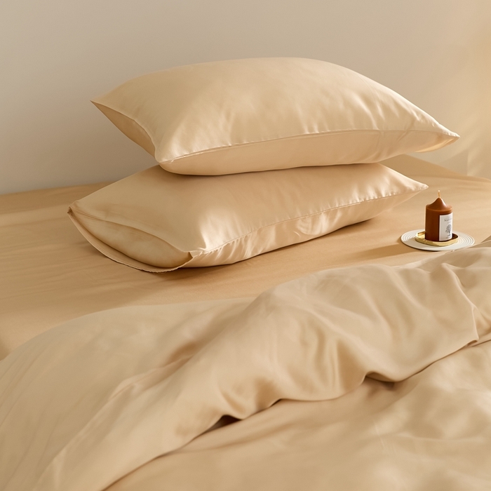 91家纺网 家纺一手货源 找家纺 2025新款A类奥地利进口60支兰精天丝莱赛尔轻奢纯色双拼四件套 沙茶色