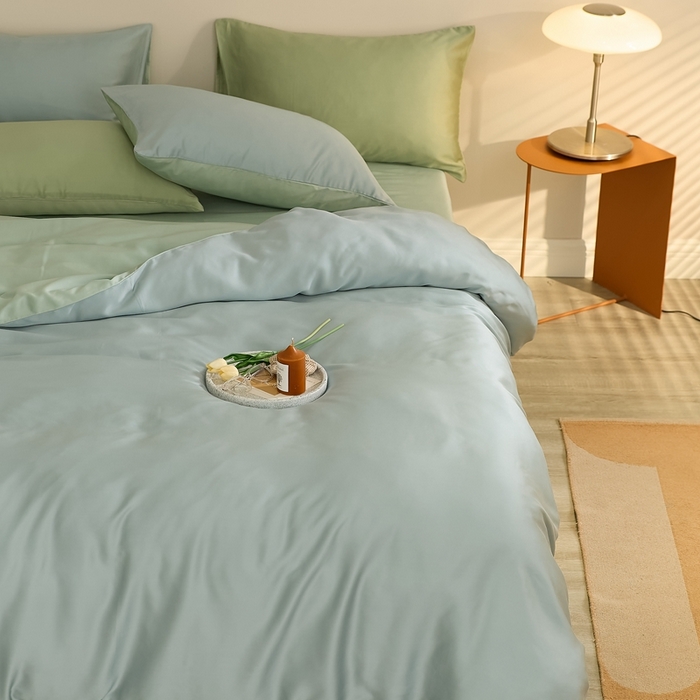 91家纺网 家纺一手货源 找家纺 2025新款A类奥地利进口60支兰精天丝莱赛尔轻奢纯色双拼四件套 天空蓝-浅艾绿