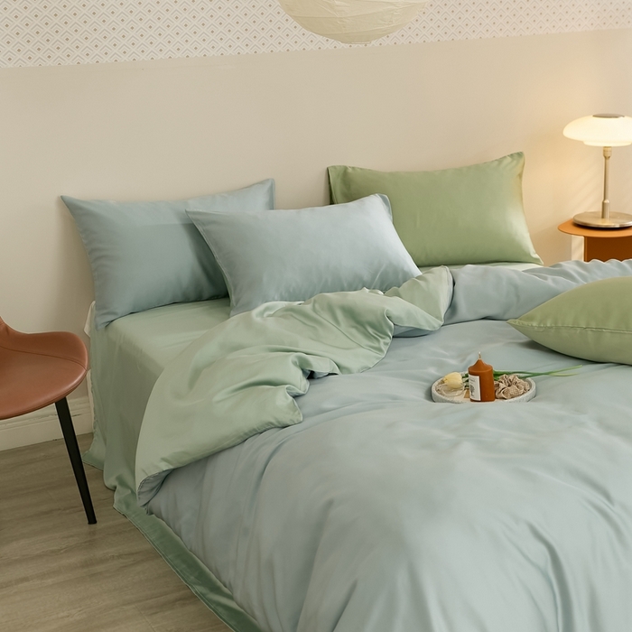 91家纺网 家纺一手货源 找家纺 2025新款A类奥地利进口60支兰精天丝莱赛尔轻奢纯色双拼四件套 天空蓝-浅艾绿