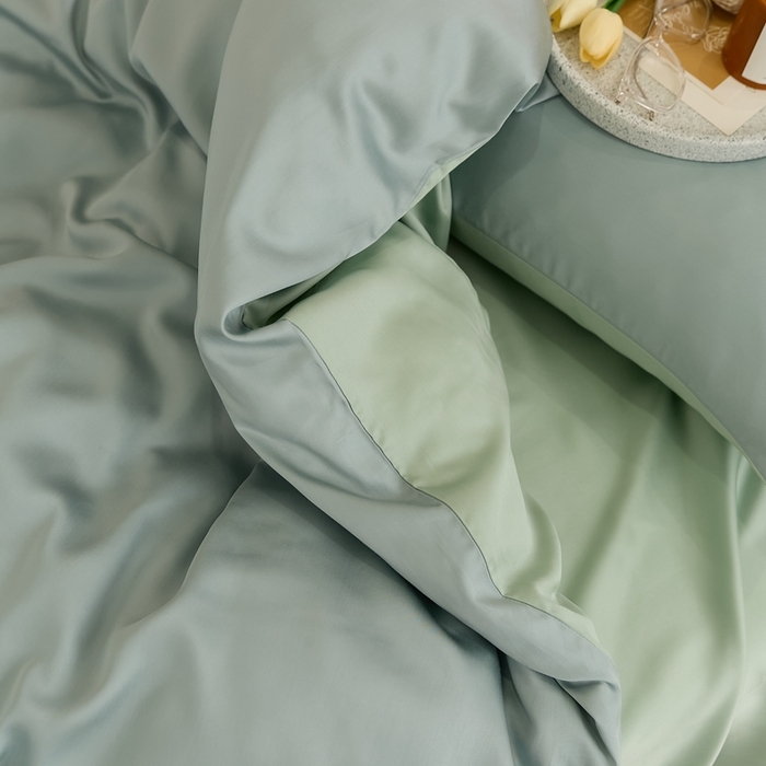 91家纺网 家纺一手货源 找家纺 2025新款A类奥地利进口60支兰精天丝莱赛尔轻奢纯色双拼四件套 天空蓝-浅艾绿