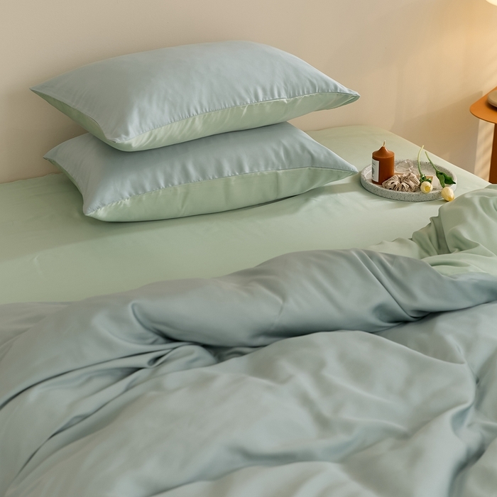 91家纺网 家纺一手货源 找家纺 2025新款A类奥地利进口60支兰精天丝莱赛尔轻奢纯色双拼四件套 天空蓝-浅艾绿