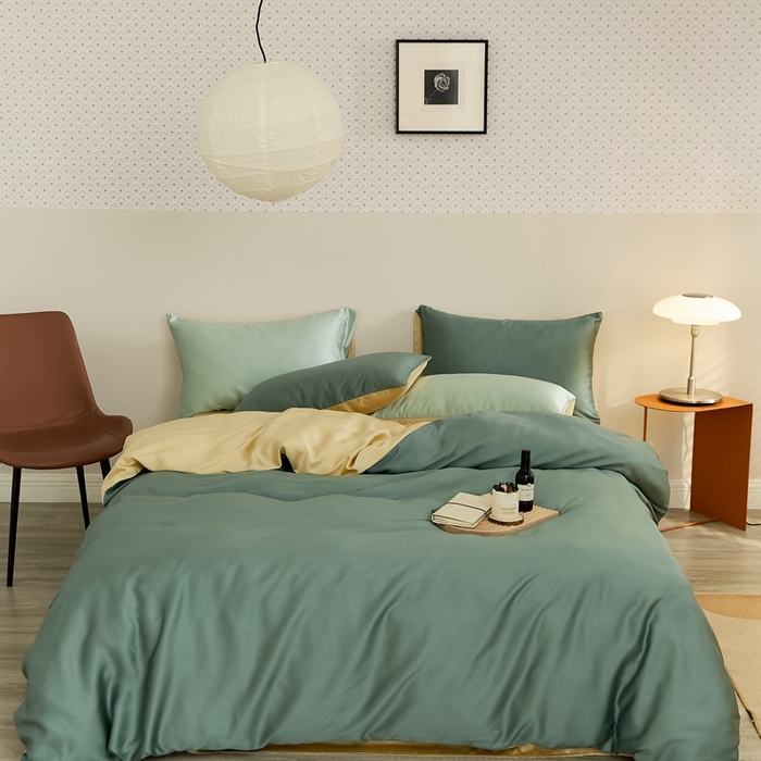 91家纺网 家纺一手货源 找家纺 2025新款A类奥地利进口60支兰精天丝莱赛尔轻奢纯色双拼四件套 天青色-香槟金