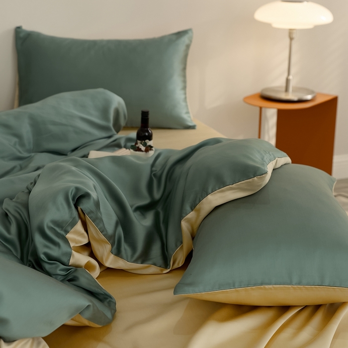 91家纺网 家纺一手货源 找家纺 2025新款A类奥地利进口60支兰精天丝莱赛尔轻奢纯色双拼四件套 天青色-香槟金