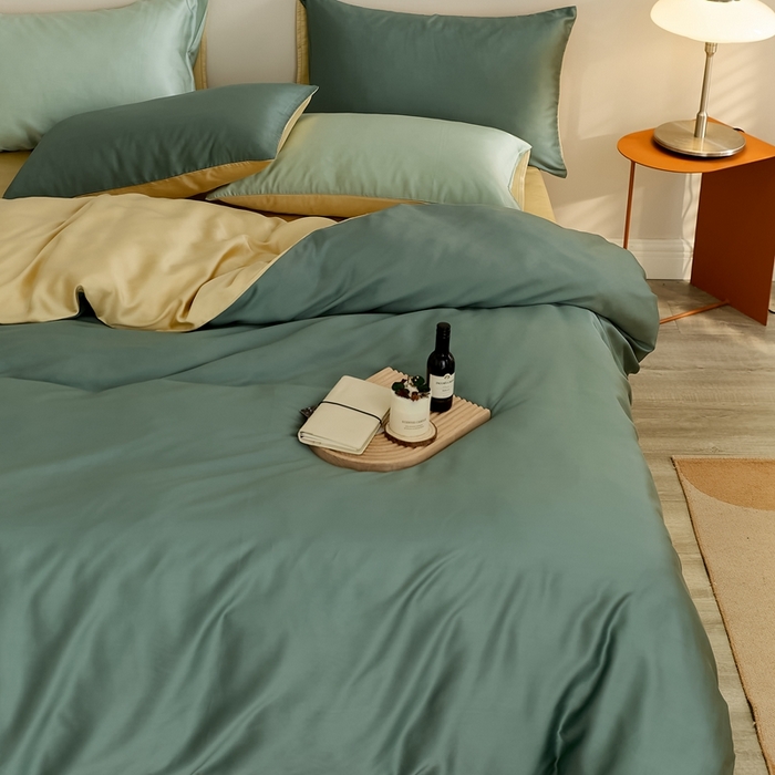 91家纺网 家纺一手货源 找家纺 2025新款A类奥地利进口60支兰精天丝莱赛尔轻奢纯色双拼四件套 天青色-香槟金