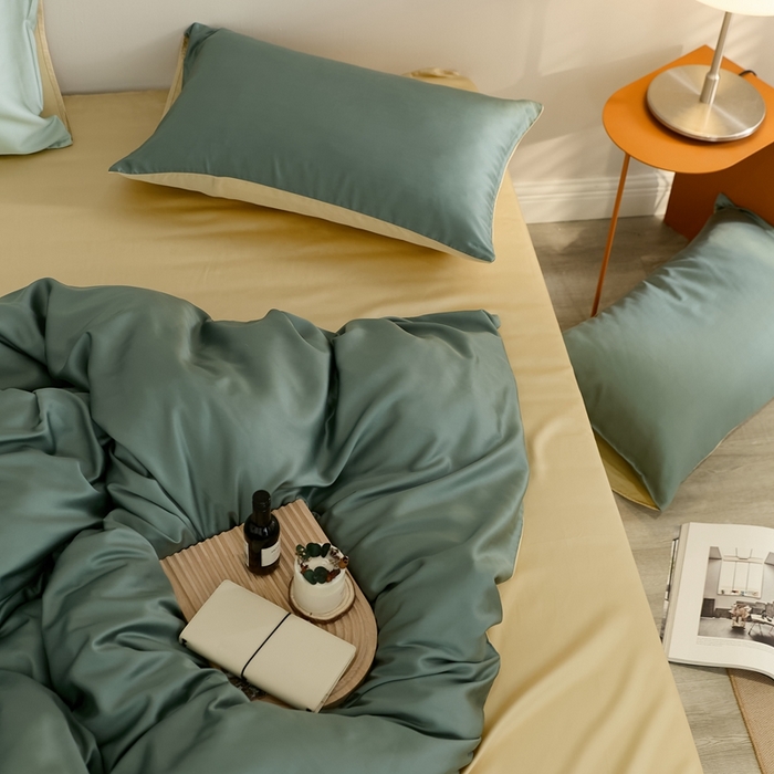 91家纺网 家纺一手货源 找家纺 2025新款A类奥地利进口60支兰精天丝莱赛尔轻奢纯色双拼四件套 天青色-香槟金