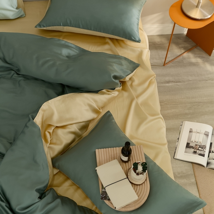 91家纺网 家纺一手货源 找家纺 2025新款A类奥地利进口60支兰精天丝莱赛尔轻奢纯色双拼四件套 天青色-香槟金