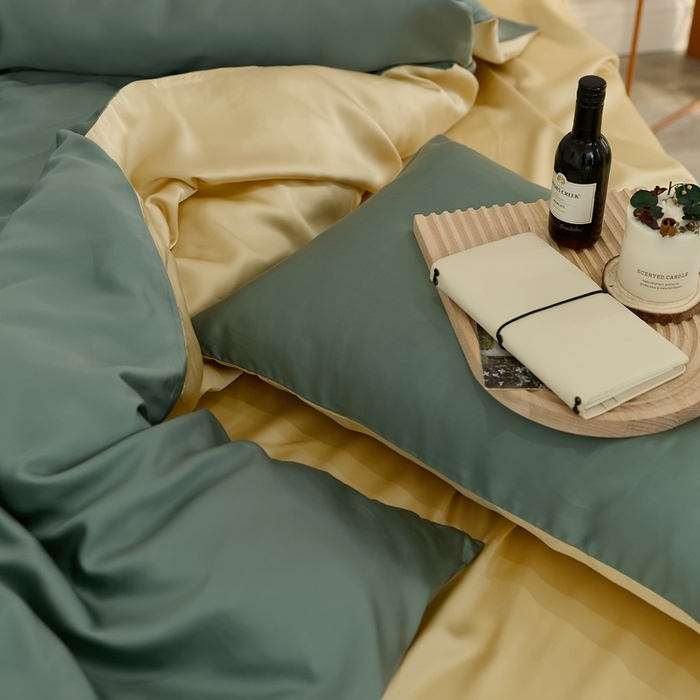 91家纺网 家纺一手货源 找家纺 2025新款A类奥地利进口60支兰精天丝莱赛尔轻奢纯色双拼四件套 天青色-香槟金