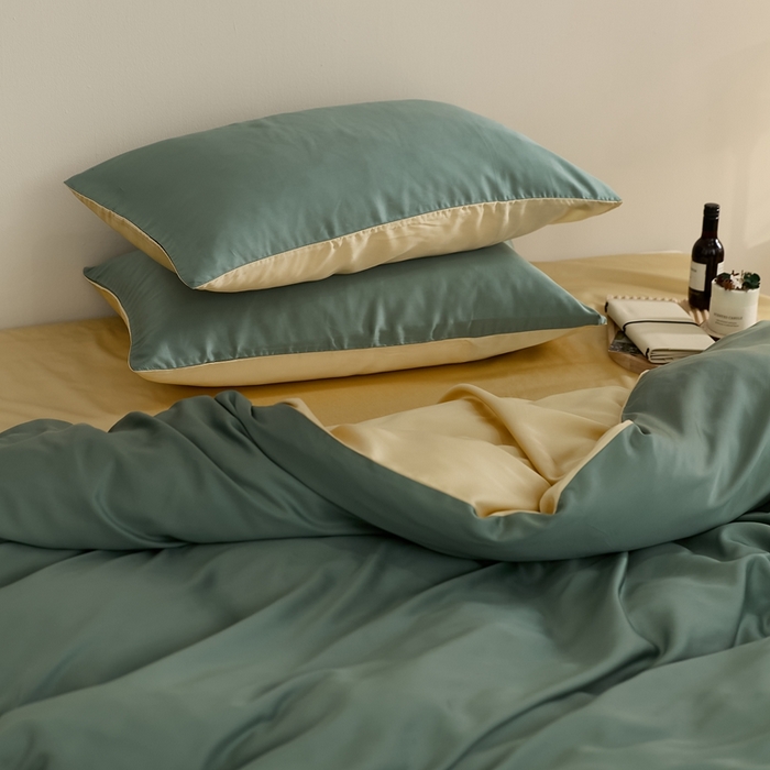 91家纺网 家纺一手货源 找家纺 2025新款A类奥地利进口60支兰精天丝莱赛尔轻奢纯色双拼四件套 天青色-香槟金