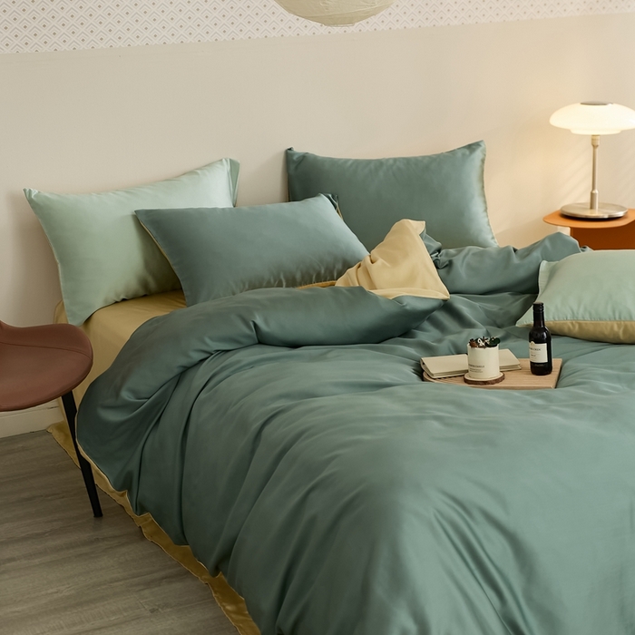 91家纺网 家纺一手货源 找家纺 2025新款A类奥地利进口60支兰精天丝莱赛尔轻奢纯色双拼四件套 天青色-香槟金