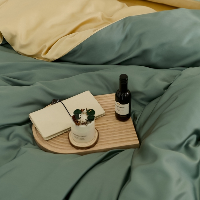 91家纺网 家纺一手货源 找家纺 2025新款A类奥地利进口60支兰精天丝莱赛尔轻奢纯色双拼四件套 天青色-香槟金