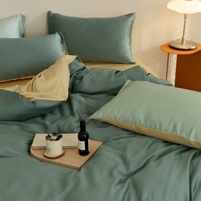 91家纺网 家纺一手货源 找家纺 2025新款A类奥地利进口60支兰精天丝莱赛尔轻奢纯色双拼四件套 天青色-香槟金