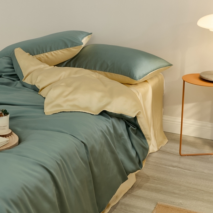 91家纺网 家纺一手货源 找家纺 2025新款A类奥地利进口60支兰精天丝莱赛尔轻奢纯色双拼四件套 天青色-香槟金