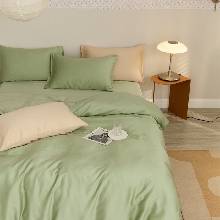 91家纺网 家纺一手货源 找家纺 2025新款A类奥地利进口60支兰精天丝莱赛尔轻奢纯色双拼四件套 香奈儿绿-嫩叶绿