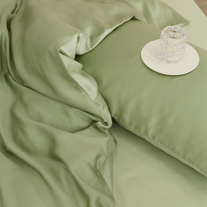 91家纺网 家纺一手货源 找家纺 2025新款A类奥地利进口60支兰精天丝莱赛尔轻奢纯色双拼四件套 香奈儿绿-嫩叶绿