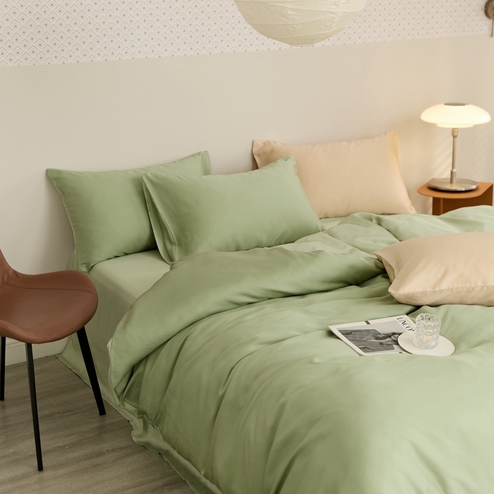 91家纺网 家纺一手货源 找家纺 2025新款A类奥地利进口60支兰精天丝莱赛尔轻奢纯色双拼四件套 香奈儿绿-嫩叶绿