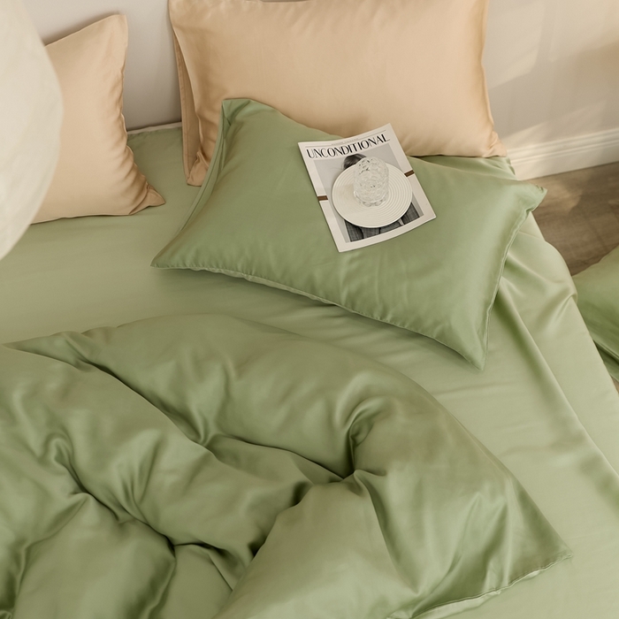 91家纺网 家纺一手货源 找家纺 2025新款A类奥地利进口60支兰精天丝莱赛尔轻奢纯色双拼四件套 香奈儿绿-嫩叶绿