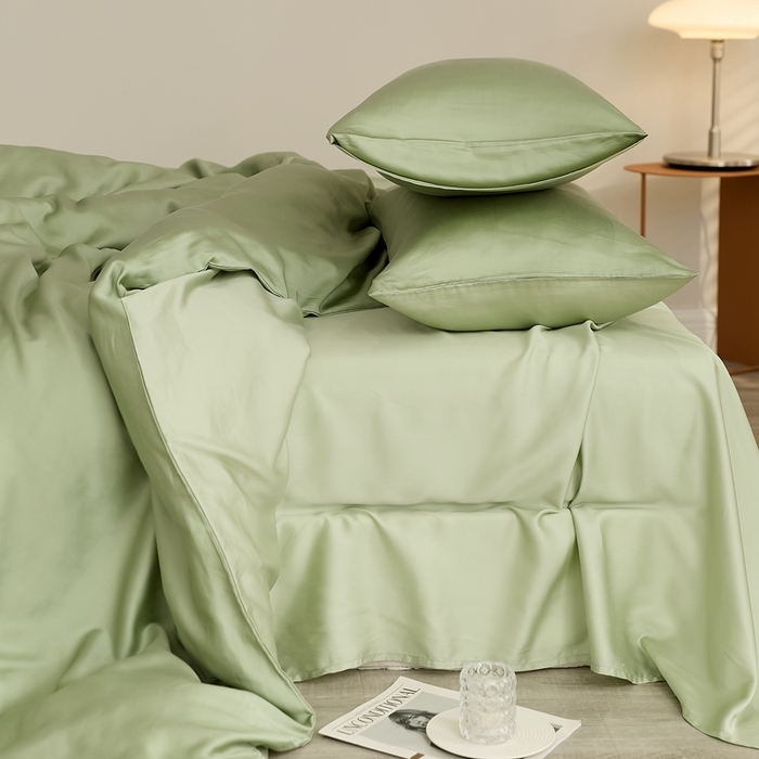 91家纺网 家纺一手货源 找家纺 2025新款A类奥地利进口60支兰精天丝莱赛尔轻奢纯色双拼四件套 香奈儿绿-嫩叶绿