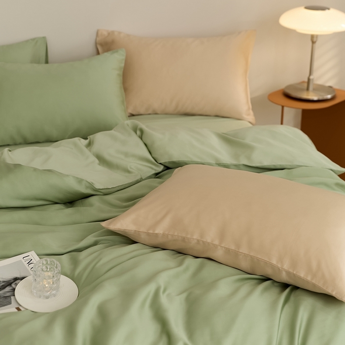 91家纺网 家纺一手货源 找家纺 2025新款A类奥地利进口60支兰精天丝莱赛尔轻奢纯色双拼四件套 香奈儿绿-嫩叶绿