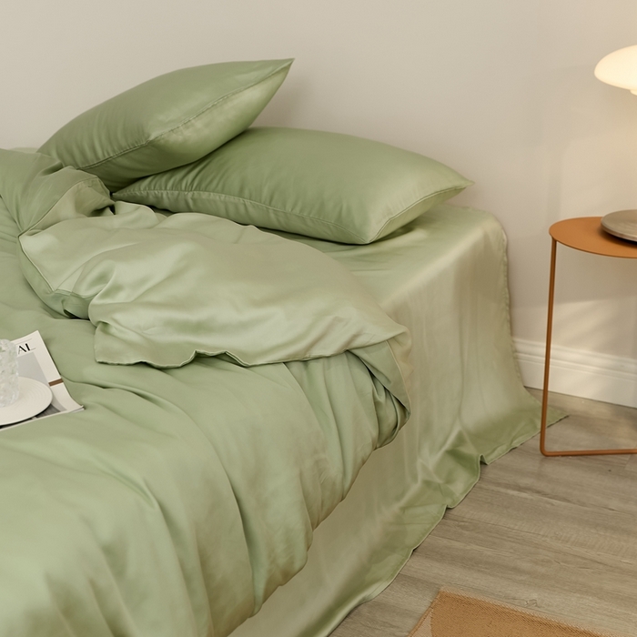 91家纺网 家纺一手货源 找家纺 2025新款A类奥地利进口60支兰精天丝莱赛尔轻奢纯色双拼四件套 香奈儿绿-嫩叶绿